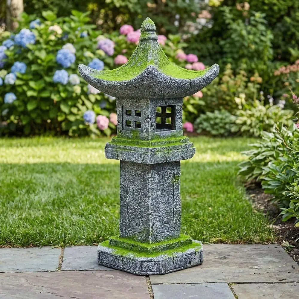 31.5’’High Japanese Pagoda Statue Moss-Covered Retro Miniature Tower Lantern Garden Decoration igurines Outdoor Asian Decoration