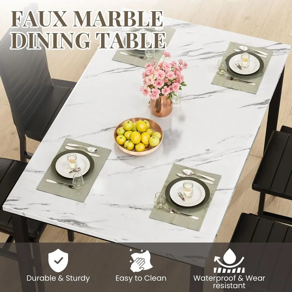 Dining Table Set for 4, Marble Kitchen Table and Chairs for 4, Comfortable PU Leather Chairs,Dining RoomTable Set for Small Spac