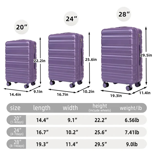 3Pcs ABS Luggage Set 20/24/28 Inch Spinner Wheels Carry On Suitcase Matching Color Combination Lock Purple
