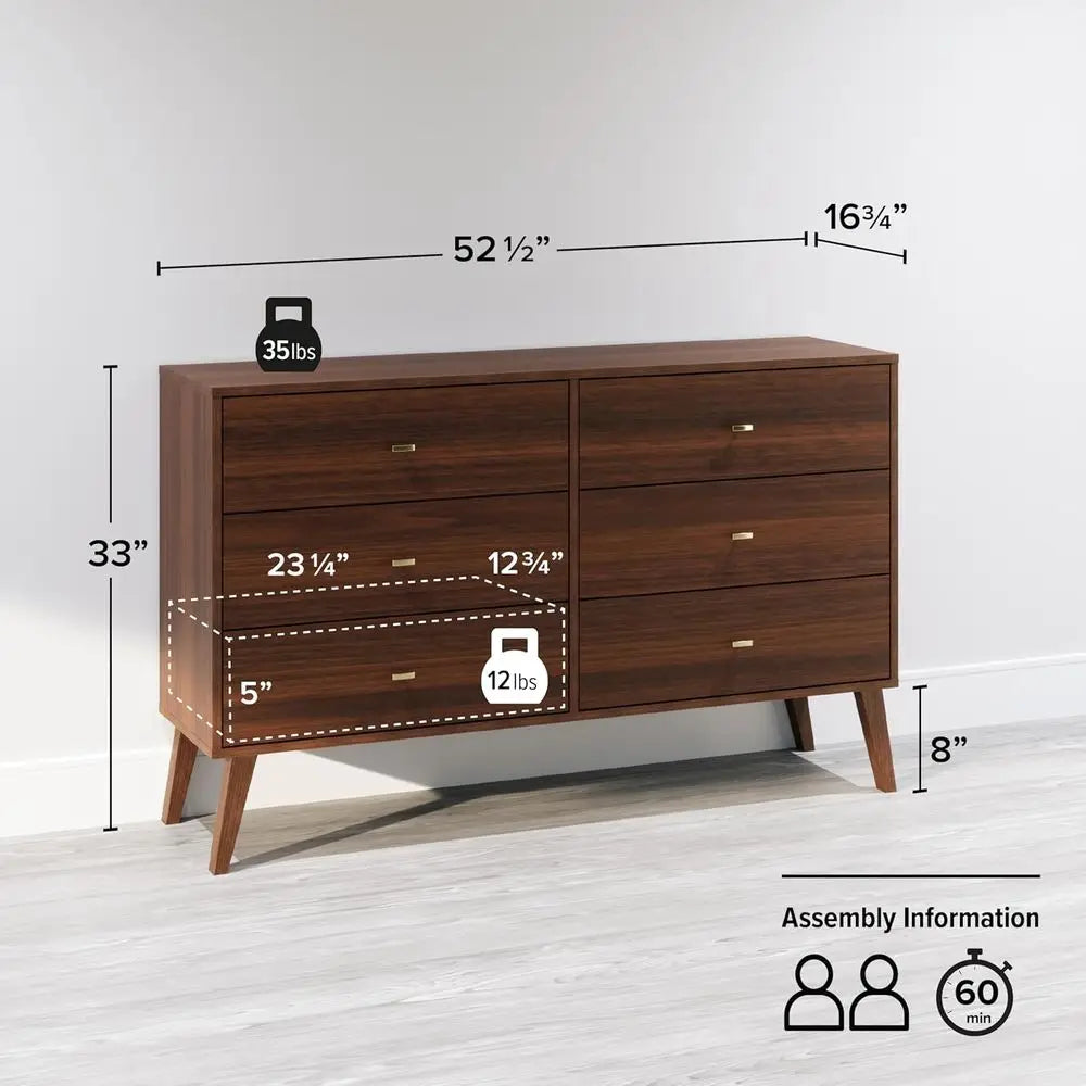 6 Drawer Double Dresser with Wide Chest, Contemporary Bedroom Furniture, Cherry Finish