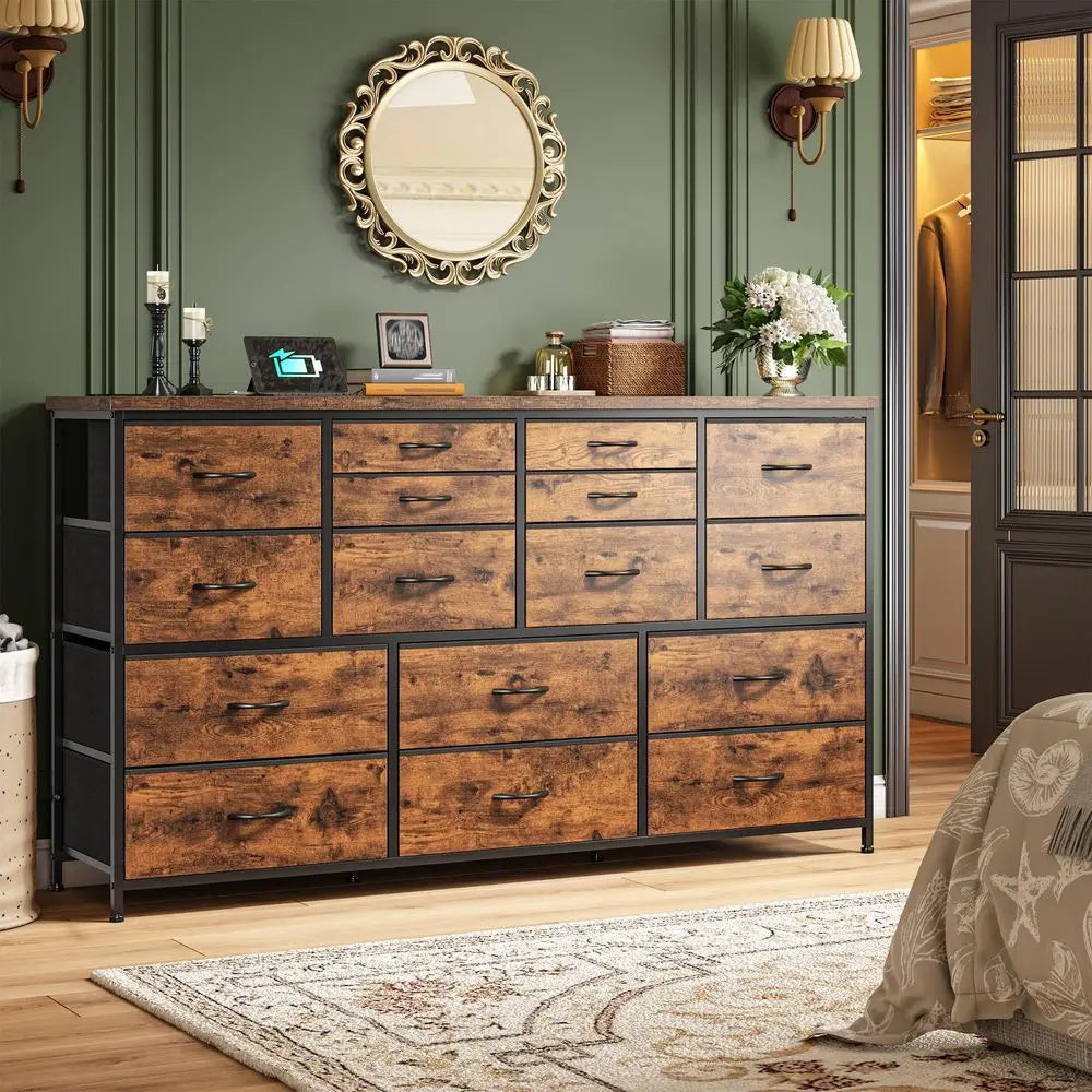 for Bedroom with 16 Fabric Drawers Long Dresser with Charging Station TV Stand for 60 TV Dressers amp Chest of Drawers for Bedro
