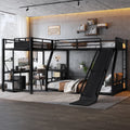 L-Shaped Metal Bunk Bed (Top bed: twin, bottom bed: full ) with Single Loft Bed, Desk, Metal Triple Bunk Bed with Slide,Black