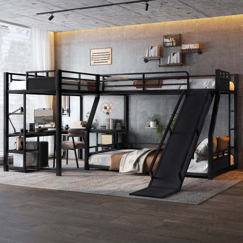 L-Shaped Metal Bunk Bed (Top bed: twin, bottom bed: full ) with Single Loft Bed, Desk, Metal Triple Bunk Bed with Slide,Black
