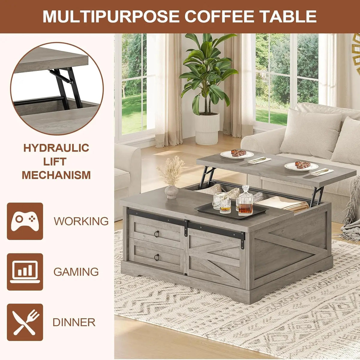 39.4in Lift Top Coffee Table Storage Hidden Compartment 2 Drawers Adjustable Shelf Living Room Gray Customized