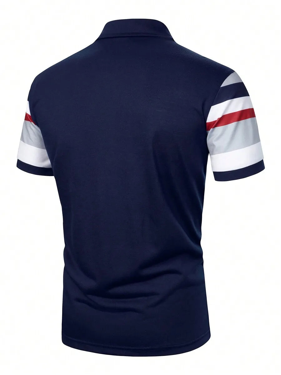 Men's Short Sleeve Striped Polo Shirt in Navy, Red, White & Gray