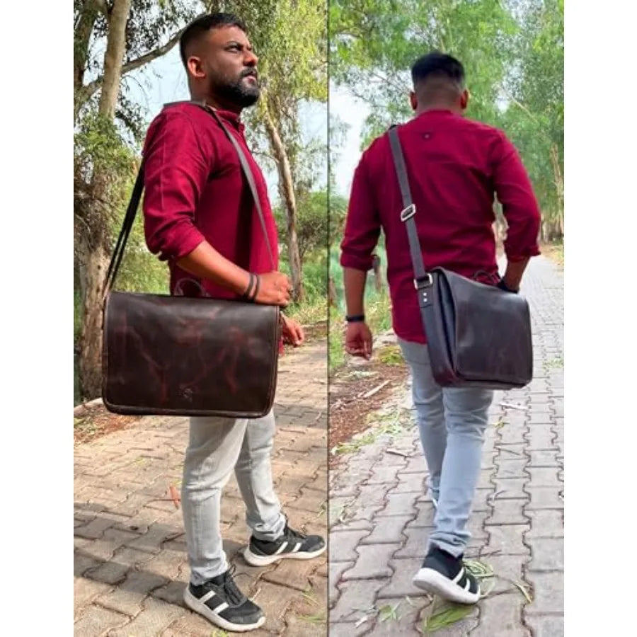 Leather Messenger Bag for Men 14" Leather Laptop Bag Vintage Crossbody Office Satchel Travel Shoulder Bag
