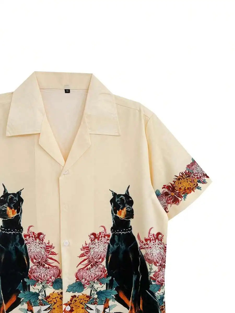 Men's Short Sleeve Casual Shirt with Floral & Canine Print, Beach Style