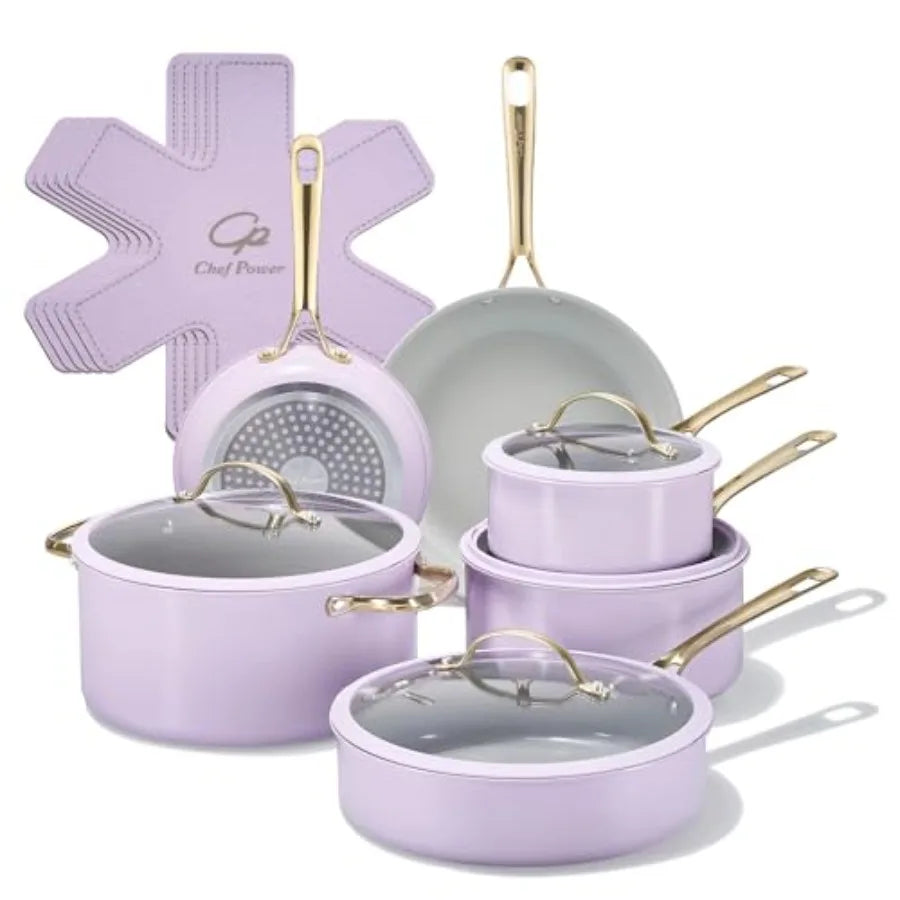 Ceramic Cookware Sets 15Pcs Pots and Pans Set Non Stick Cookware Set with Stainless Steel Handle Dishwasher Oven Safe Light Pur
