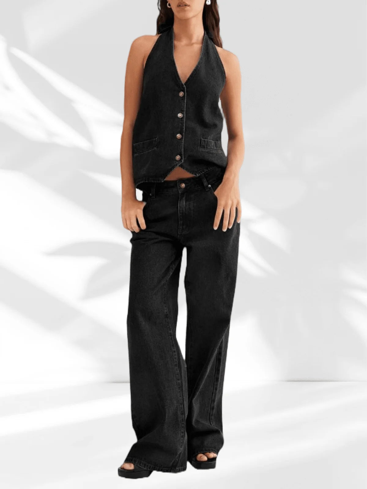 Women's Two Piece Denim Set Button Down Backless Tank Top And Wide Leg Jeans