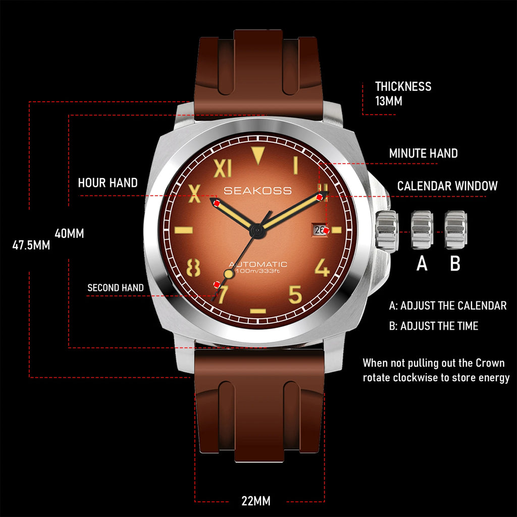SEAKOSS Automatic  Watches for Men  10 ATM Seagull ST1612 MovementDive Watch  Luminous Calendar Sapphire  Men's Mechanical Watch