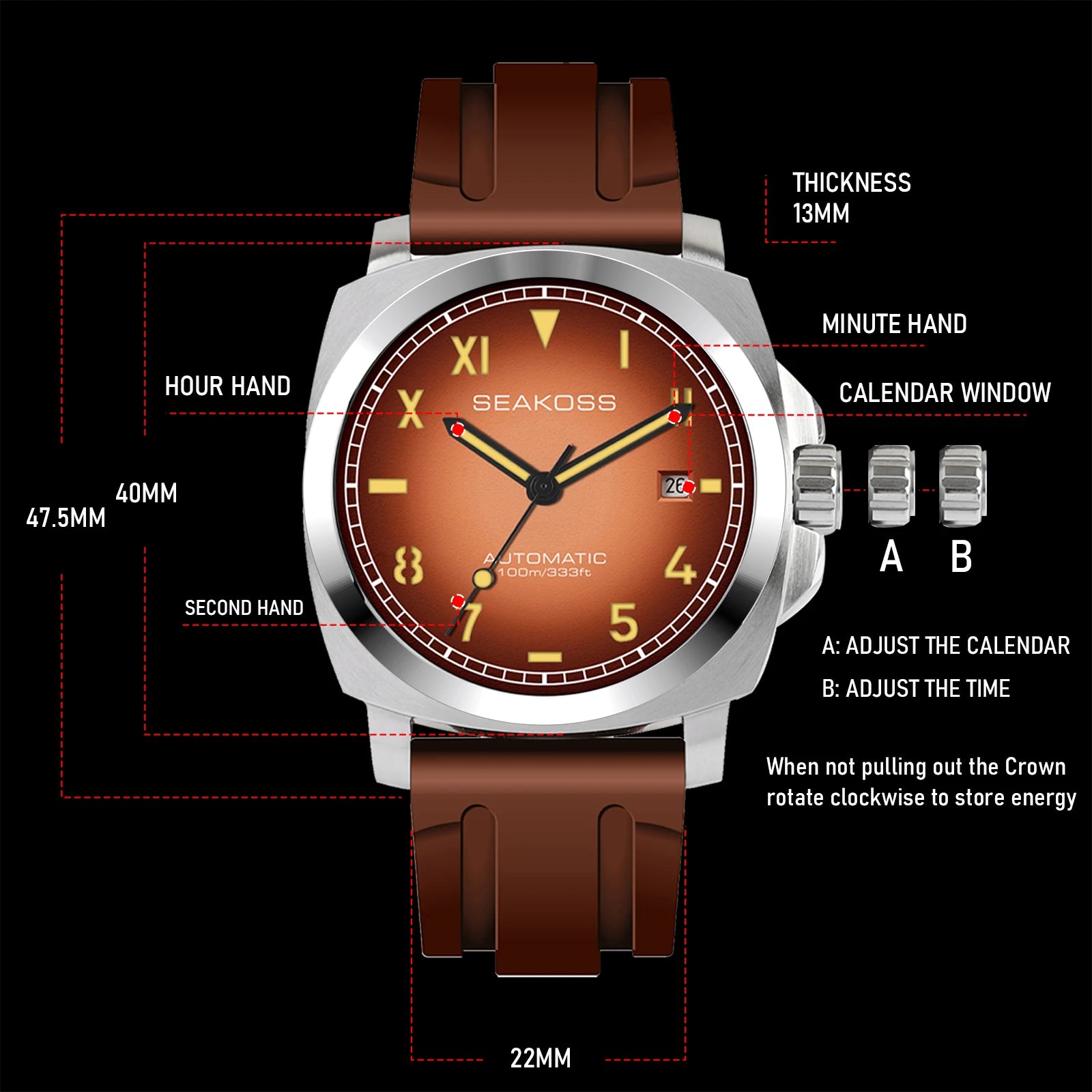 SEAKOSS Automatic  Watches for Men  10 ATM Seagull ST1612 MovementDive Watch  Luminous Calendar Sapphire  Men's Mechanical Watch