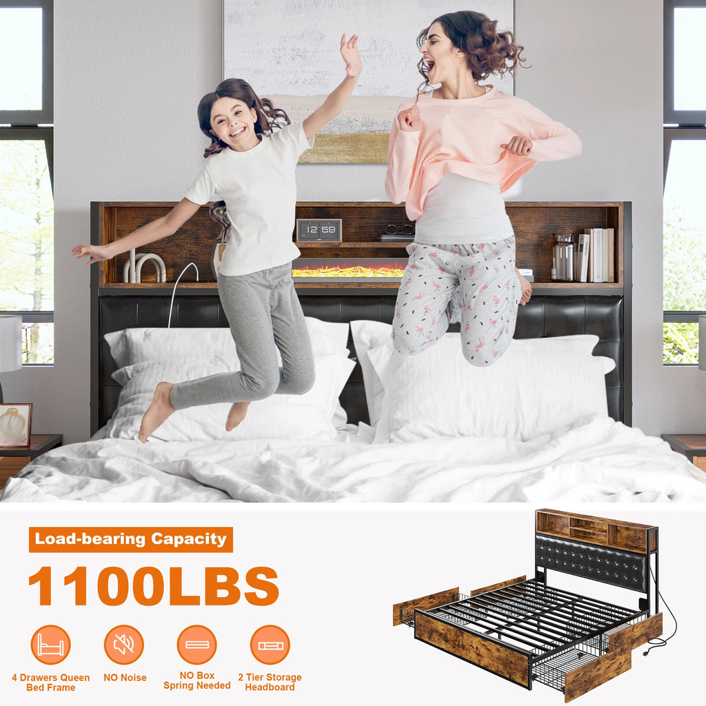 Full/Queen/King Bed Frame with Charging Station and 4 Storage Drawers Platform Bed Frame with Upholstered Headboard No Noise