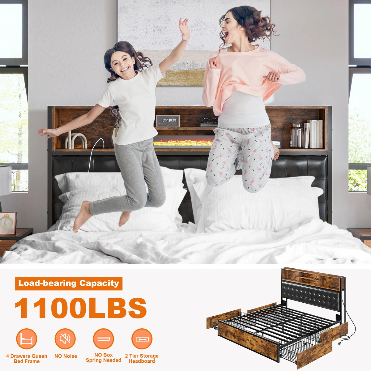 Full/Queen/King Bed Frame with Charging Station and 4 Storage Drawers Platform Bed Frame with Upholstered Headboard No Noise