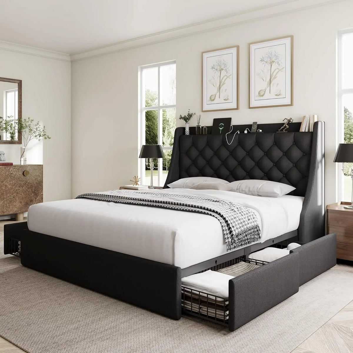 Full Bed Frame With 4 Storage Drawers, Huge Upholstered Wingback Headboard, Fast Charging Station, No Box Spring, Customized