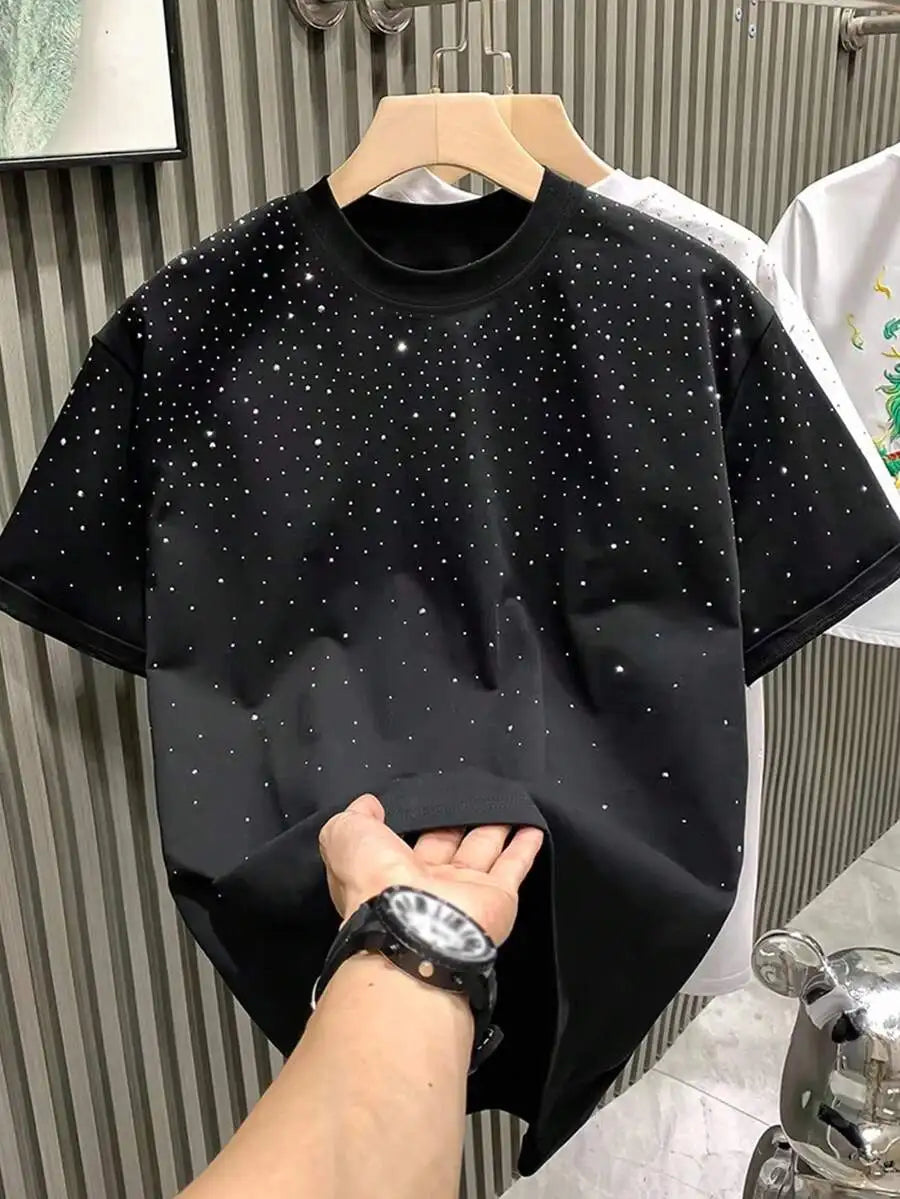 Men's Black Short Sleeve T-Shirt with Sparkling Rhinestone Dot Pattern, Casual Loose Fit