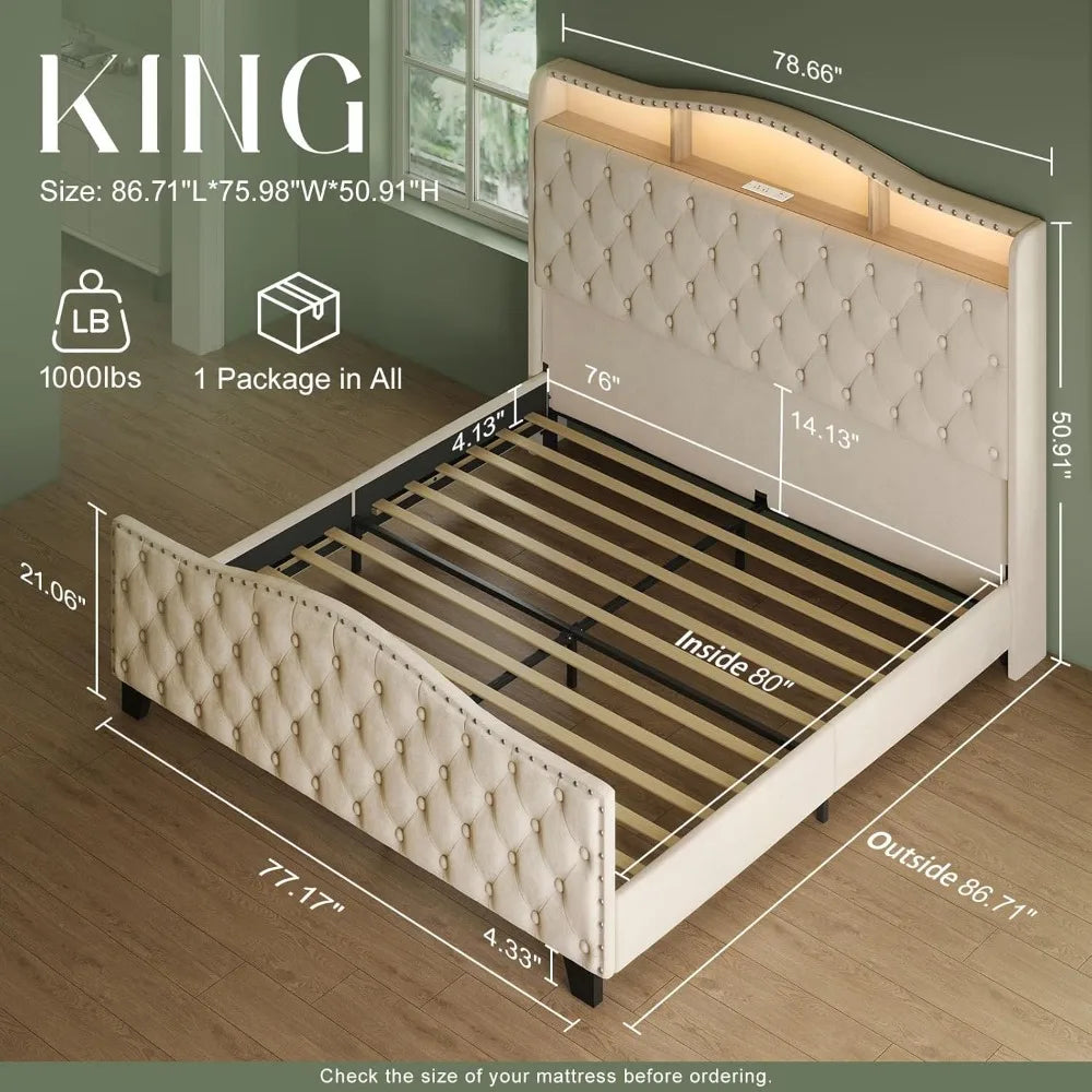 King-size Bed Frame and Headboard, 50.9-inch Velvet-padded Wingback Bed Frame with LED Lights and Storage/charging Station
