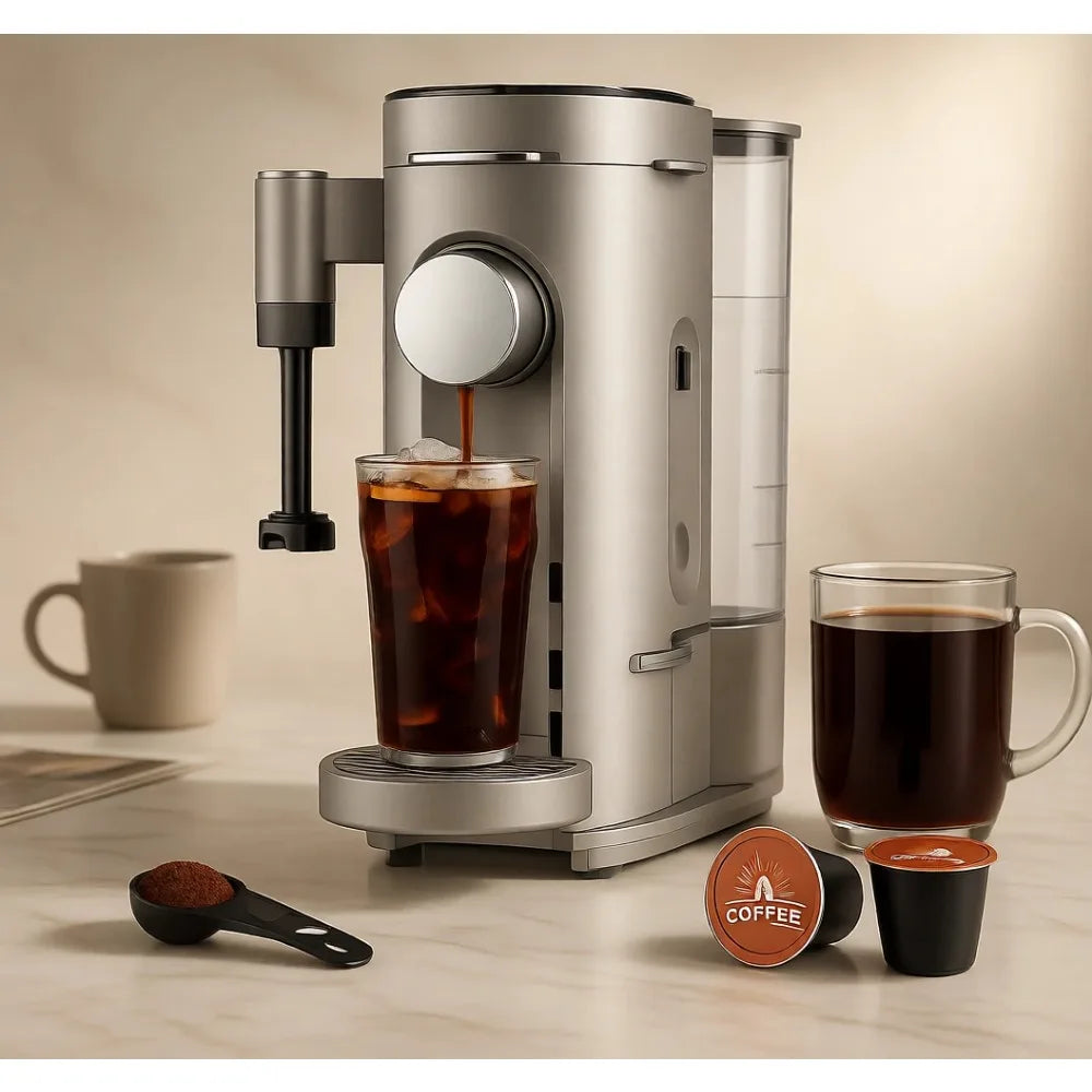 Compact Single Serve Coffee Maker Brews Pods and Grounds with Milk Frother 56oz Reservoir 6 to 24oz Sizes