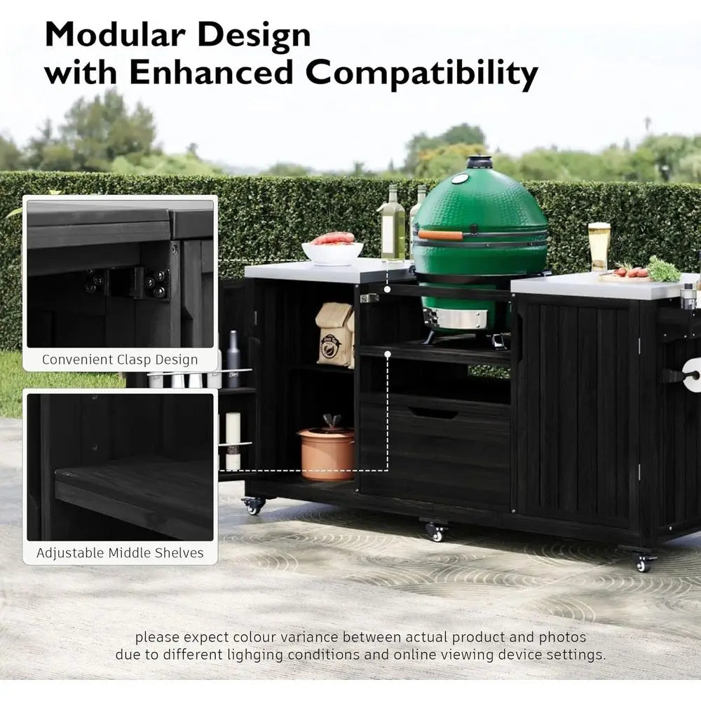 66.5 Stainless Steel Top Wood Outdoor Kitchen Island with Rolling Cart, Storage, Spice & Towel Racks