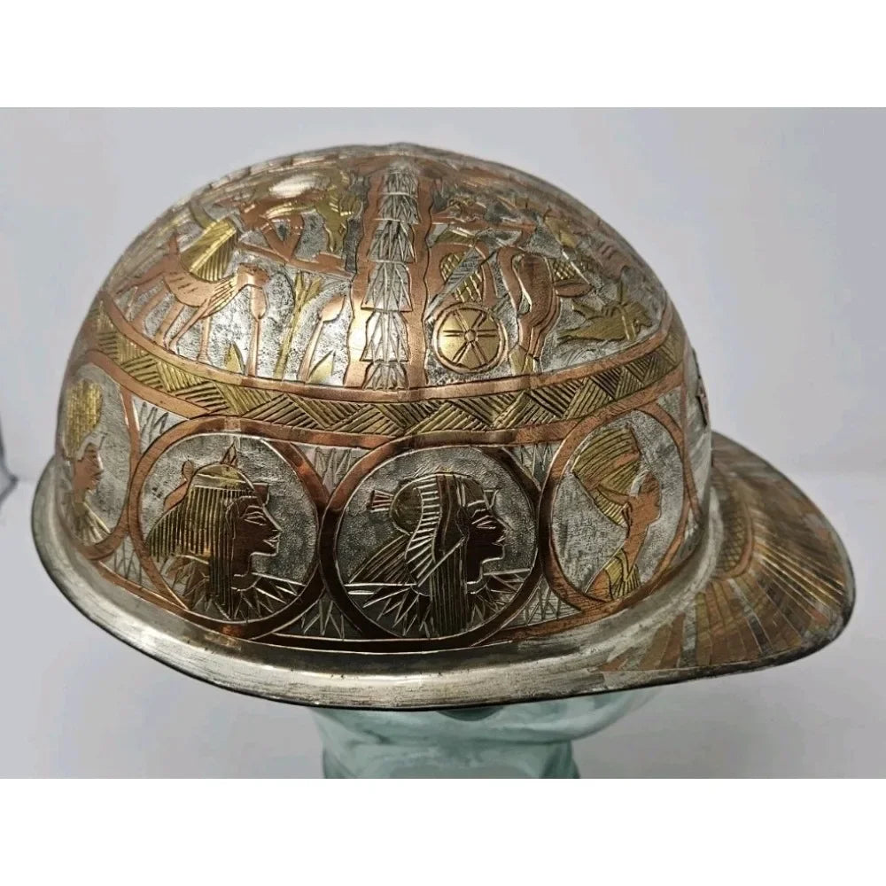 Egyptian Design Hammered Etched Engraved Brass Hard Hat Helmet Copper Vintage