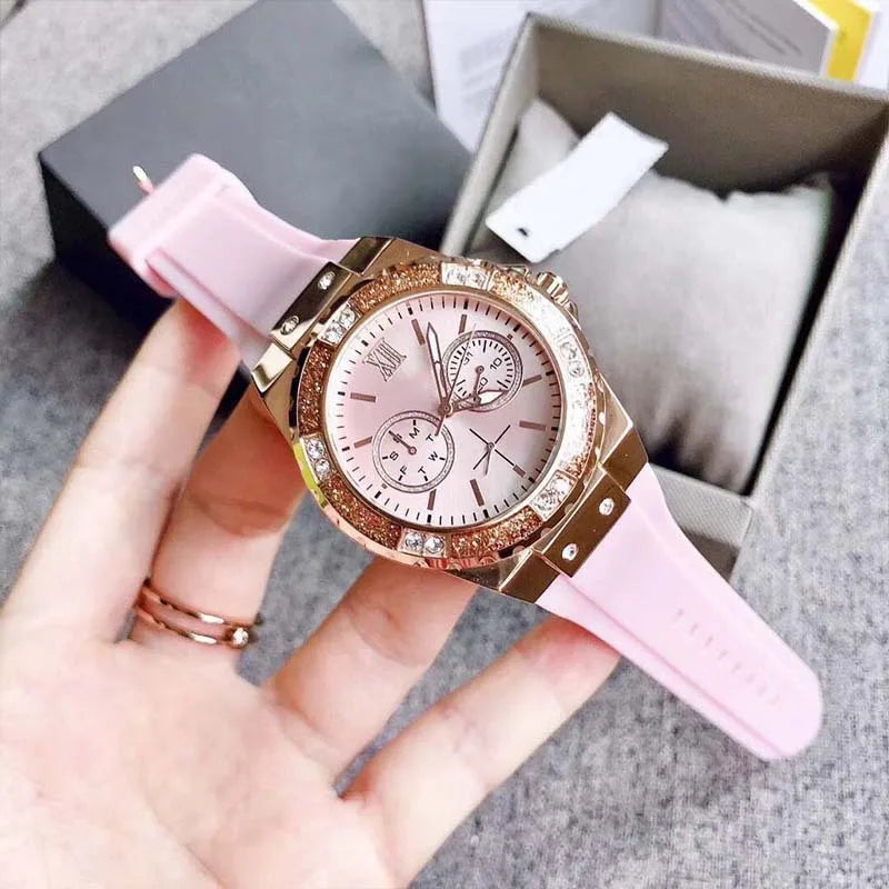 Luxury Quartz Watch Set Stainless Steel Case Silicone Strap Chronograph Diamond Dial Waterproof Couple Wristwatch Women