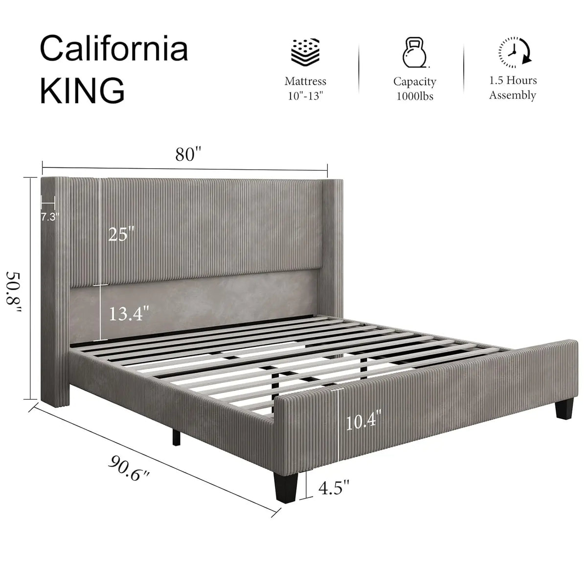 King Size Upholstered Platform Bed Frame, Wingback Bed With 50.8" Headboard, Corduroy/Solid Wood Leg/No, Customized
