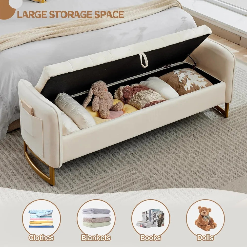 Velvet Storage Bench with Arms Gold Legs 2 Pillows Pockets King Bedroom Living Room Entryway 66", Customized