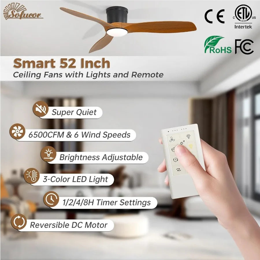 52 Inch Low Profile Ceiling Fans with Lights Modern Flush Mount Ceiling Fan with 3 ABS Blades 6500CFM Dimmable 6Speed 3Timer Re