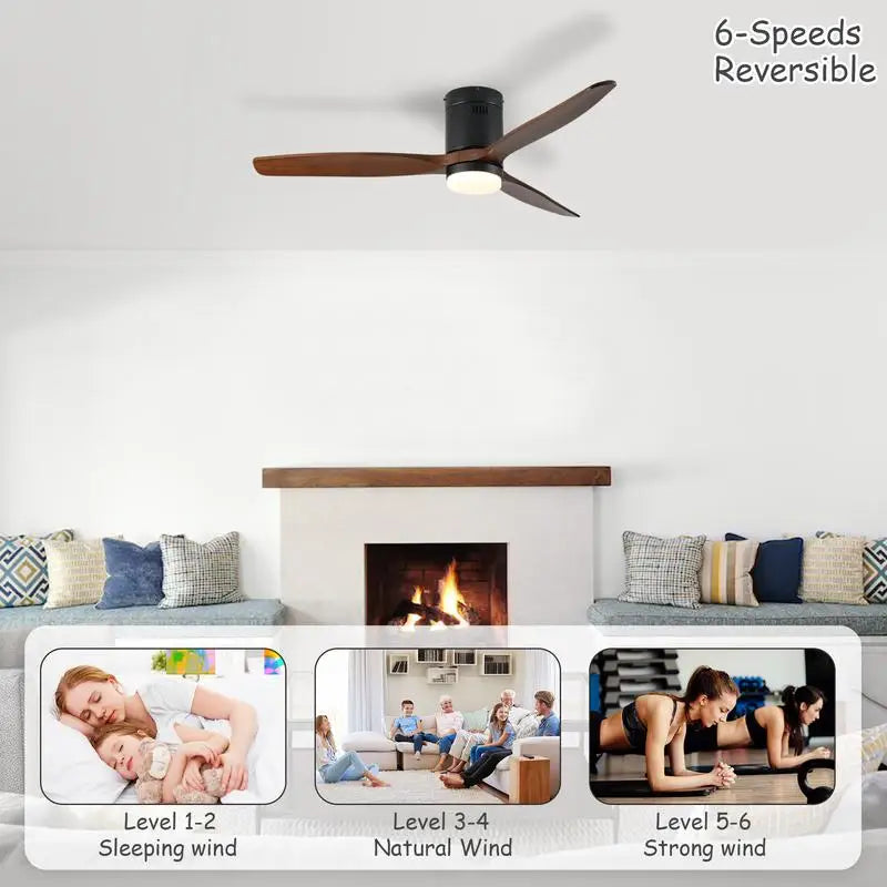 52" Ceiling Fan with Light, 3 Dark Walnut Wood Blades, Remote Control, 6-Speed Reversible DC Motor for Bedroom, Dining Room,