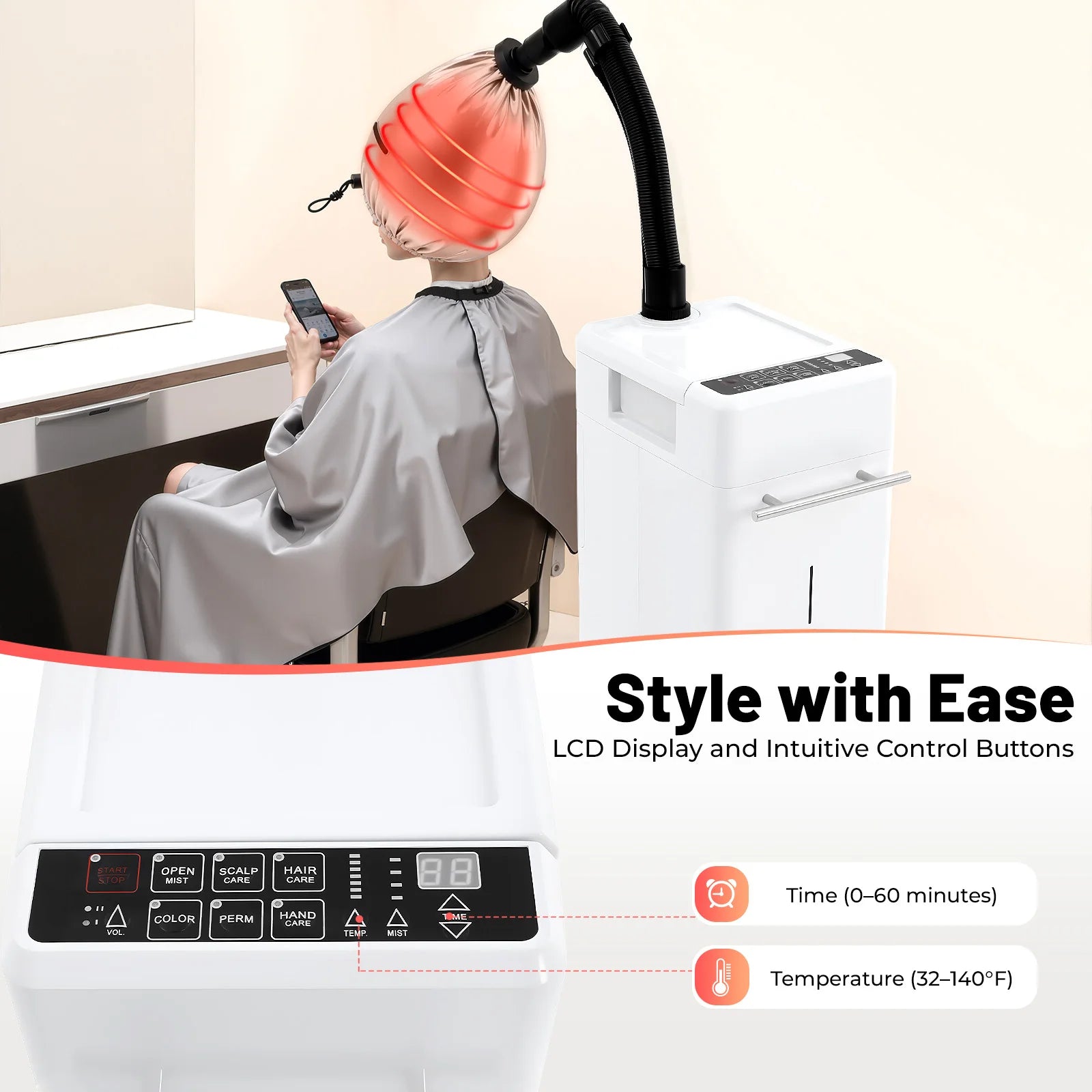 6-Mode Nano Hair Steamer Machine with LCD Display, 33.82oz Removable Water Tank for Barber Store Hairdressing Beauty Salon 110V