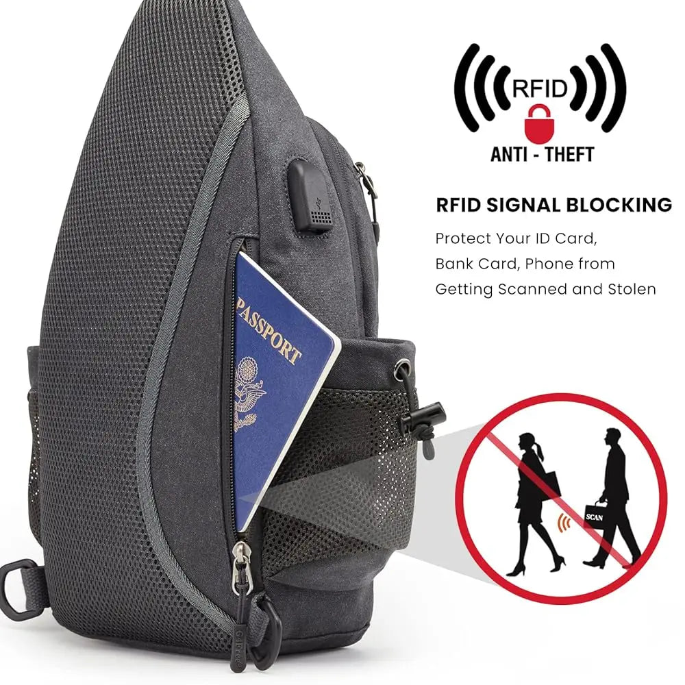 Canvas Sling Bag Crossbody Backpack with USB Charging Port & RFID Blocking, Hiking Daypack Chest Bag for Women Men