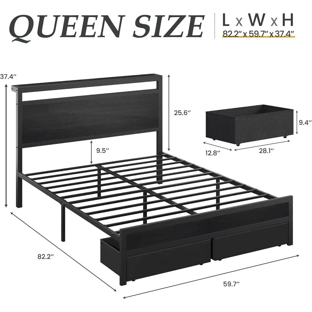 Elegant Black Queen Bed with Storage, LED Light, and Charging Station - No Box Spring Required