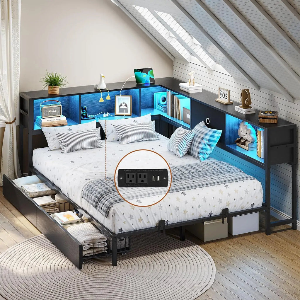 Corner Full Bed Frame LED Bookcase Storage Drawers Charging Station Metal Platform Daybed Bedroom Guest Room Oak Gray, Customize