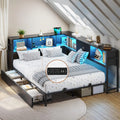 Corner Full Bed Frame LED Bookcase Storage Drawers Charging Station Metal Platform Daybed Bedroom Guest Room Oak Gray, Customize