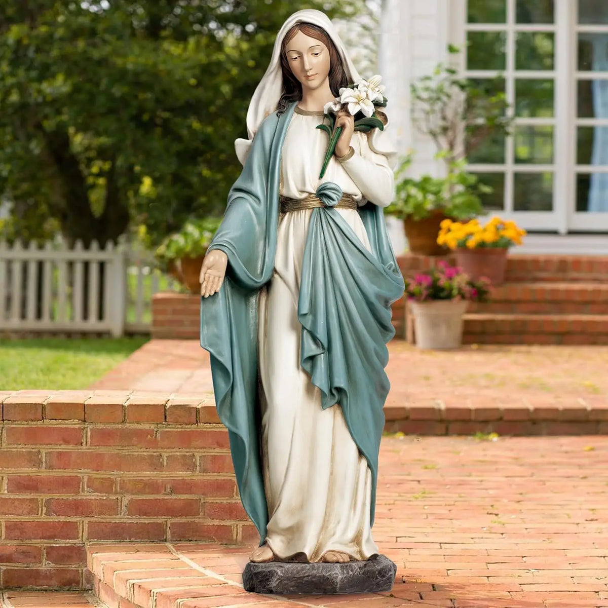 Virgin Mary Garden Statue, 24 Inches Saint Mary Holding Lilies Outdoor Sculpture for Home Yard Patio Lawn Hallway Decor