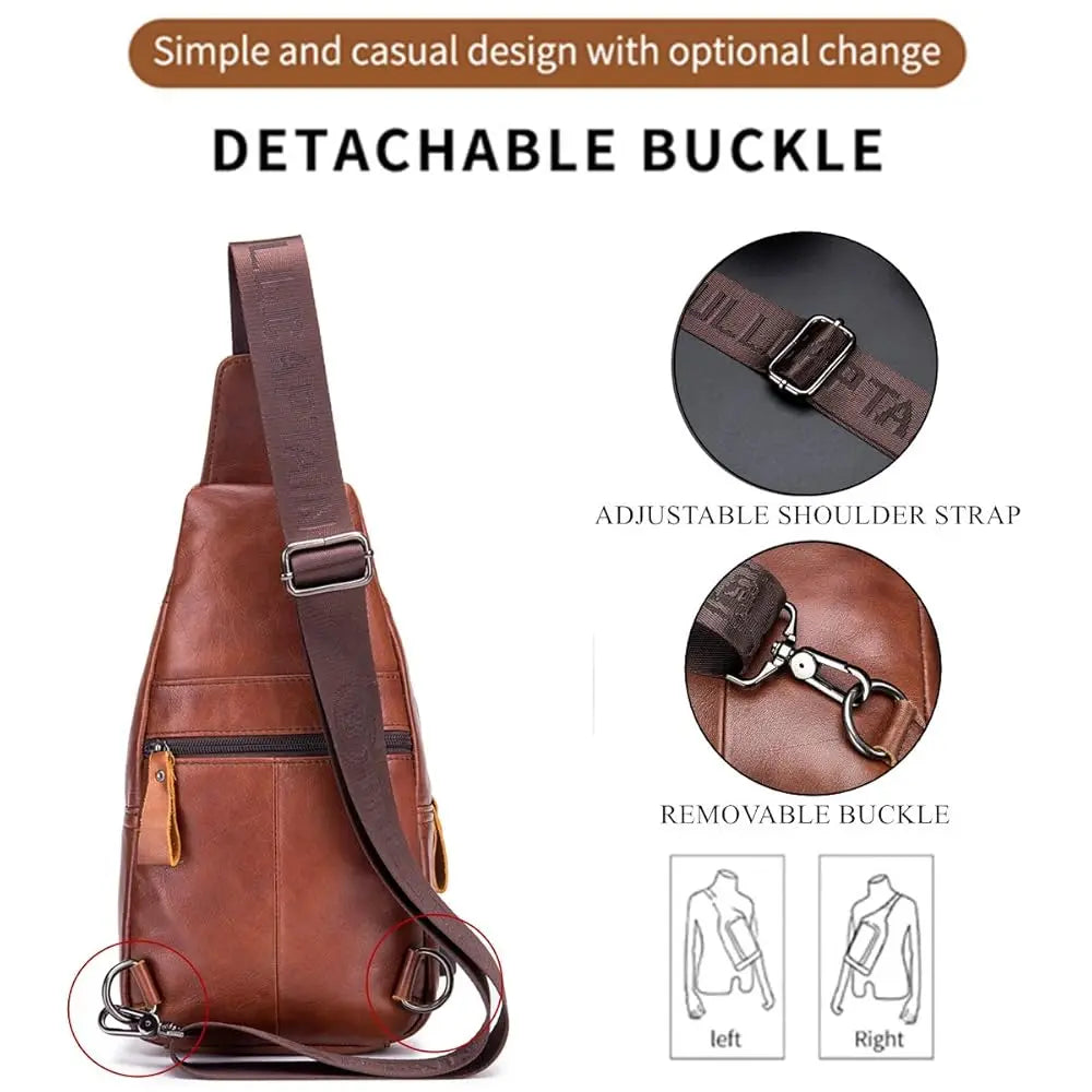 Genuine Leather Sling Bag with USB Charging Port Multi-pocket Chest Bag for Men Hiking Travel Daypack XB-129