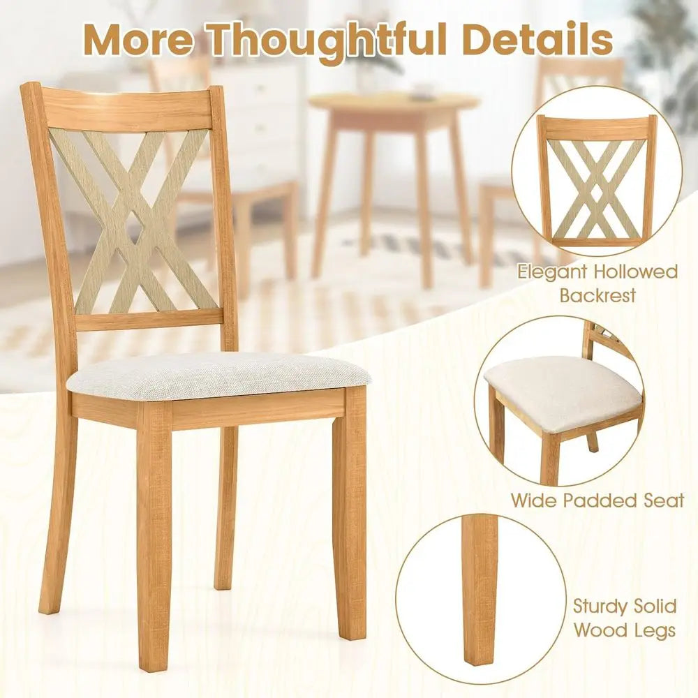 Set of 2 Wooden Dining Chairs with Fabric Padded Seats, High Back, Suitable for Home and Restaurant Use, Natural Finish