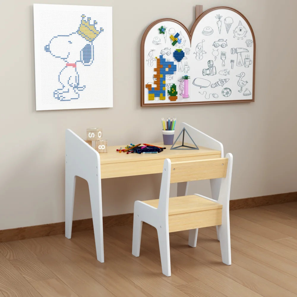 Kids Table Set with One Chair, Wooden Children Study Table, 2-8  Age Kids Funiture , White+Natural