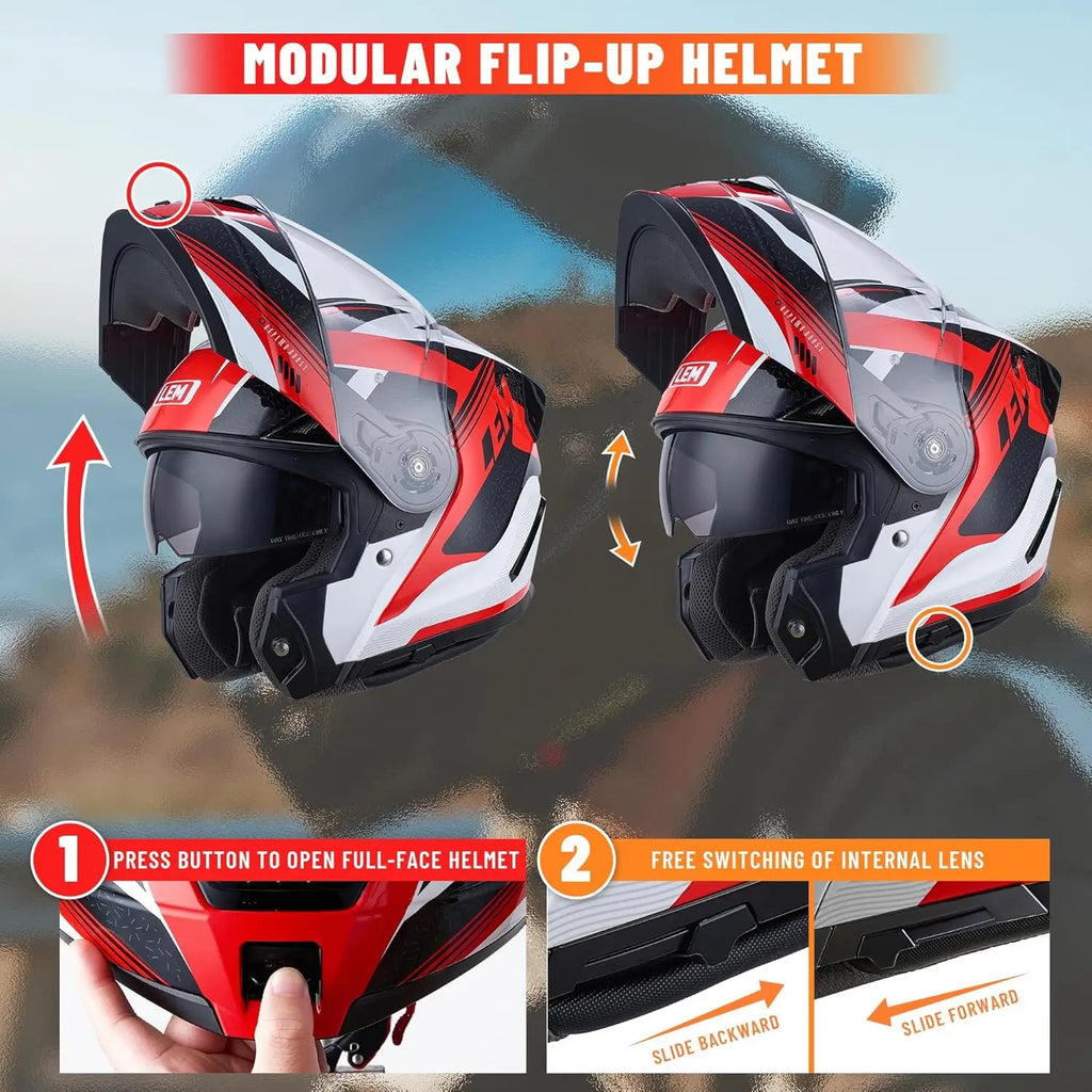 Modular Motorcycle Helmets Fiberglass Full Face Motorcycle Helmet Flip Up for Touring DOT Certified Release Sun Visor Removable