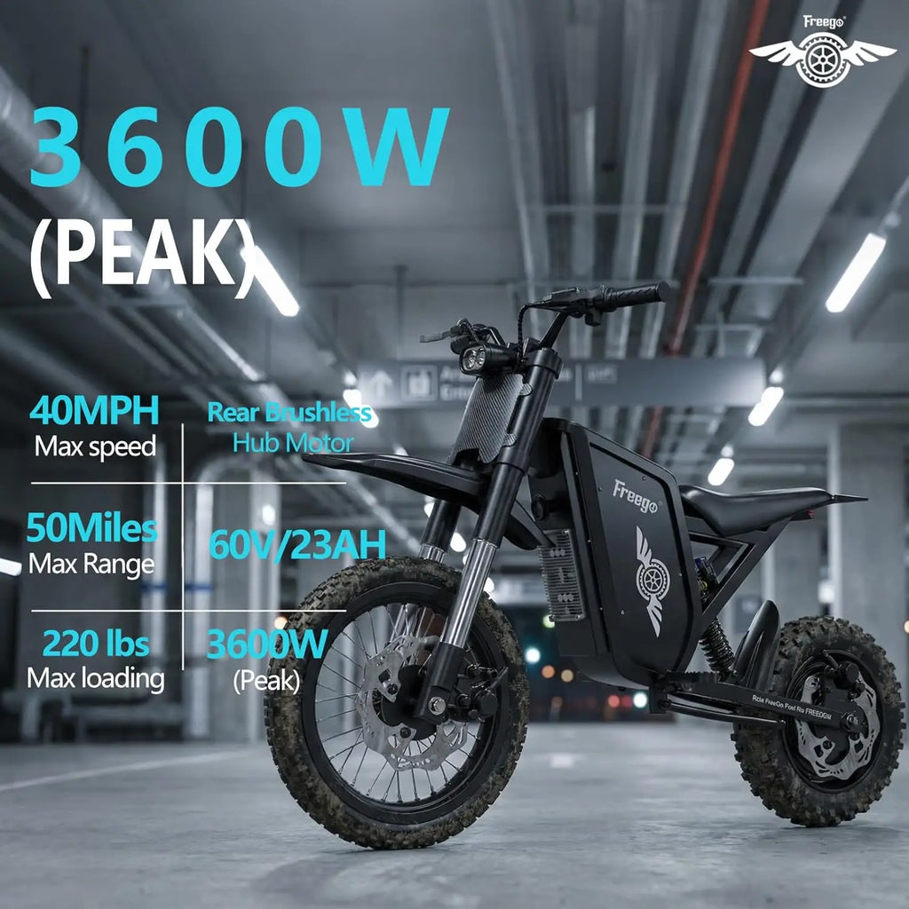 Freego X0 Electric Dirt Bike for Adults 3600W Motor 60V Battery Electric Mountain Bike 40MPH Dual Hydraulic Disc Brakes E-bike
