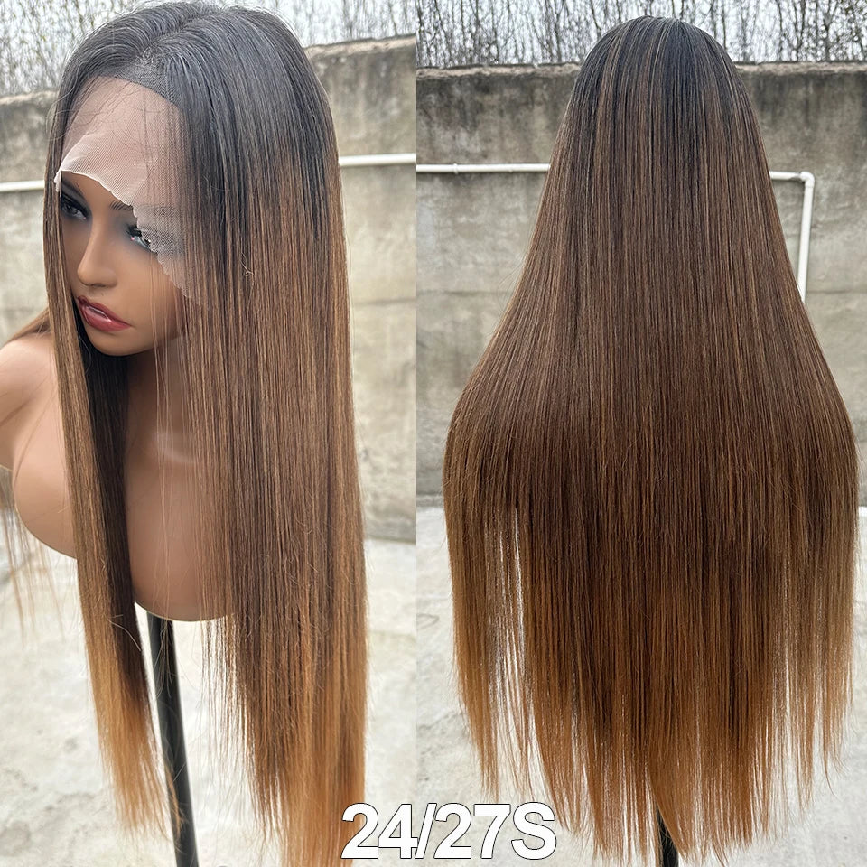 30Inch 13X4 Straight Lace Frontal Wigs Brown P12/24 Ombre Colored Pre-pluck Soft Natural High Temperature Cosplay Wigs