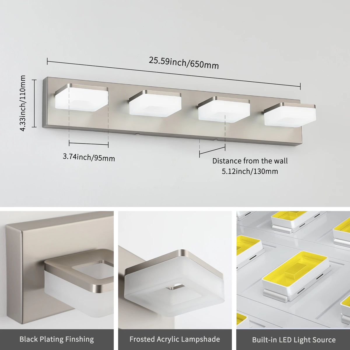 25.59-Inch LED Modern Mirror Headlight, 360° Rotating Art Light, Acrylic + Metal, Dimmable Bathroom Vanity Light