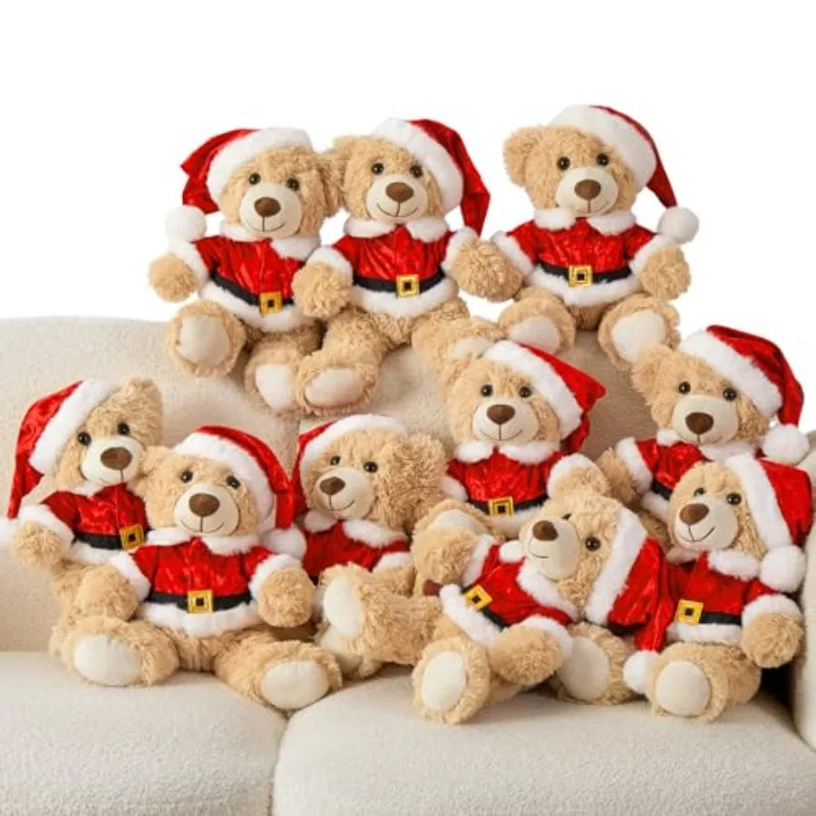 10 Pack 14'' Christmas Teddy Bears Plush Stuffed Animals with Classic Santa Outfits Removable Shirt Hat for Small Plush Toys Ho