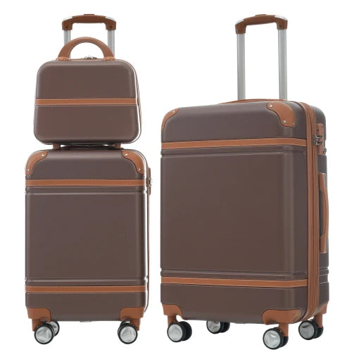 Lightweight Brown Hardshell 3PCS Luggage Set with Cosmetic Bag TSA Approved Lock Spinner Wheels 20"+24" for Trip