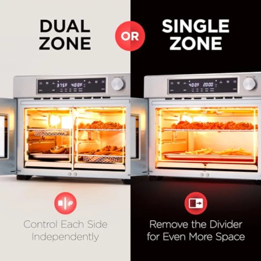 Dual Zone Air Fryer French Door Oven 32 Qt 10-in-1 Multifunction Convection Toaster Combo 1800W Stainless Steel Temperature Con