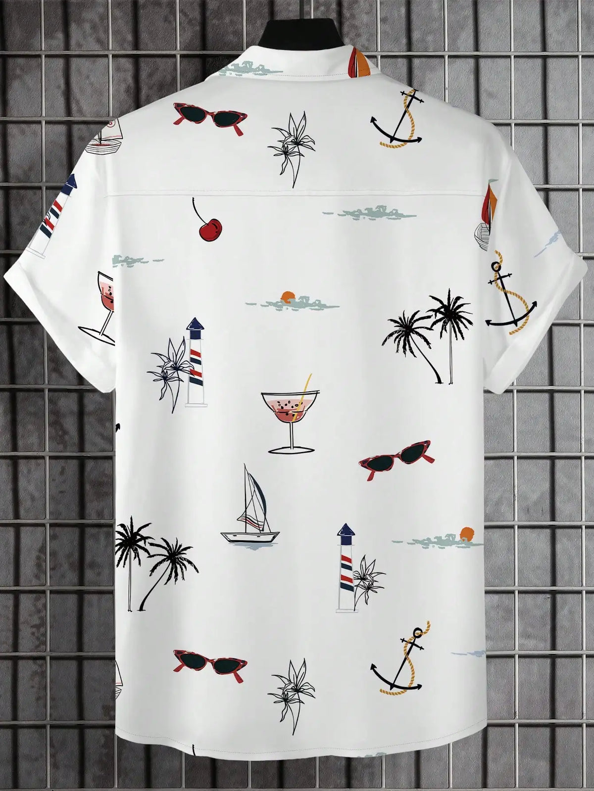Men's Short Sleeve Button-Up Shirt with Nautical & Tropical Print, Casual Beach Style
