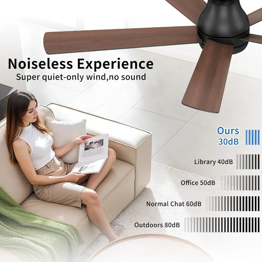 60 Inch Black Ceiling Fans with Lights and Remote LED Low Profile Flush Mount Ceiling Fan for Bedroom Living Room Quiet DC Moto