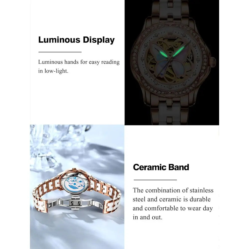 OLEVS Womens Automatic Watch, Premium Large ace Diamond Accented Sel Winding Watches or Women, ashion Waterproo Ladies DrWatch,