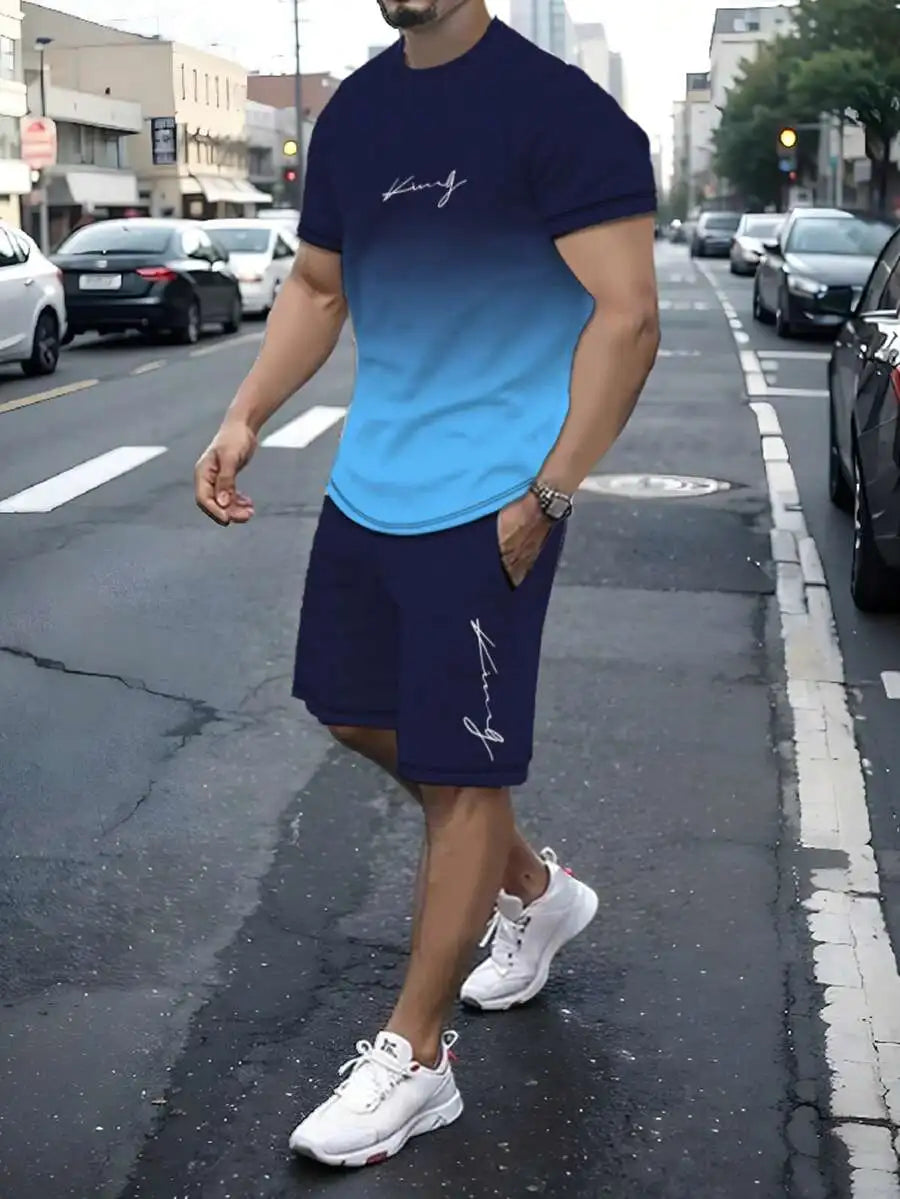 Men's Ombre Gradient Print Short Sleeve Tee & Drawstring Shorts Set