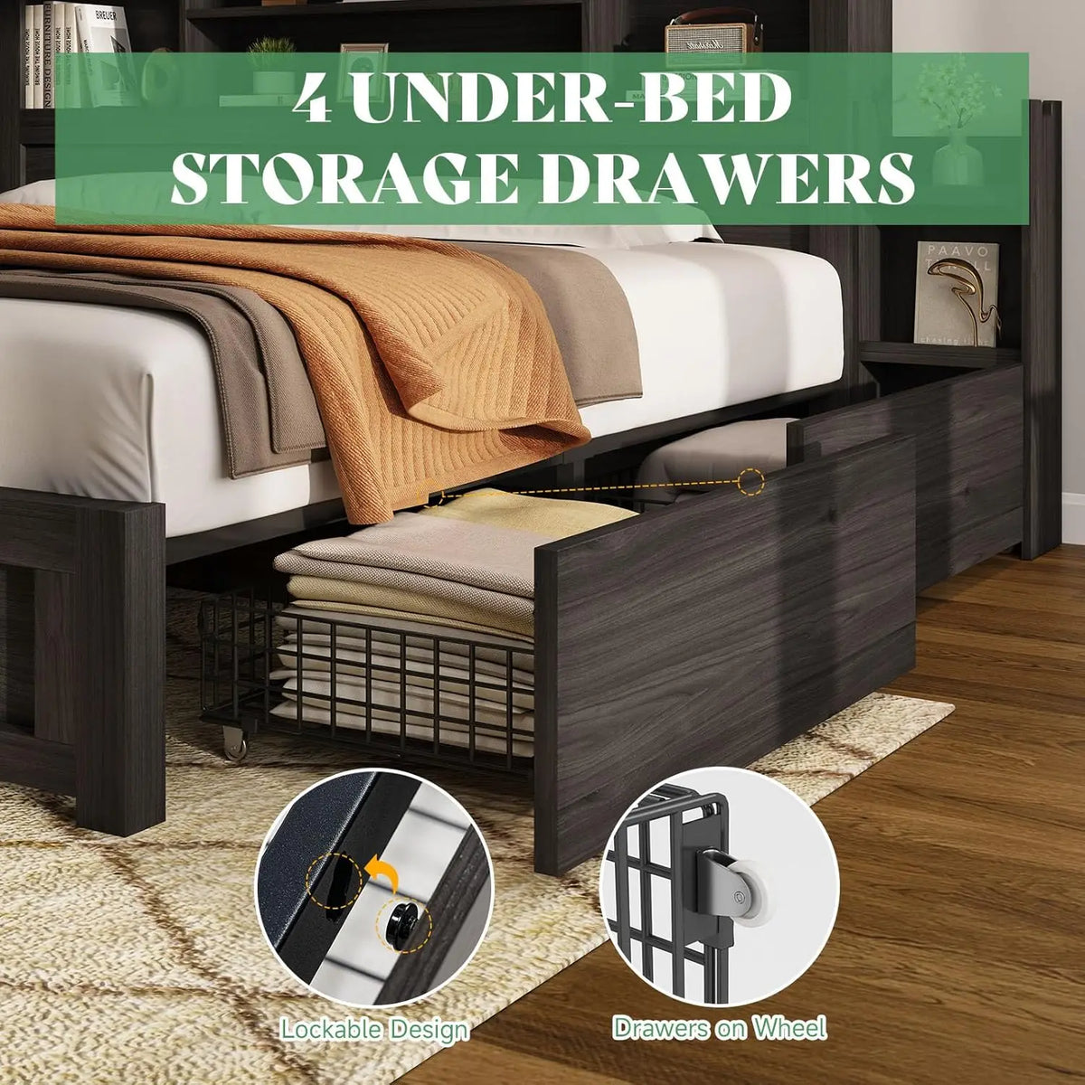 Queen Storage Bed Frame with LED Headboard Bookcase Charging Station 2 Slide Shelves No Box Spring Black, Customized