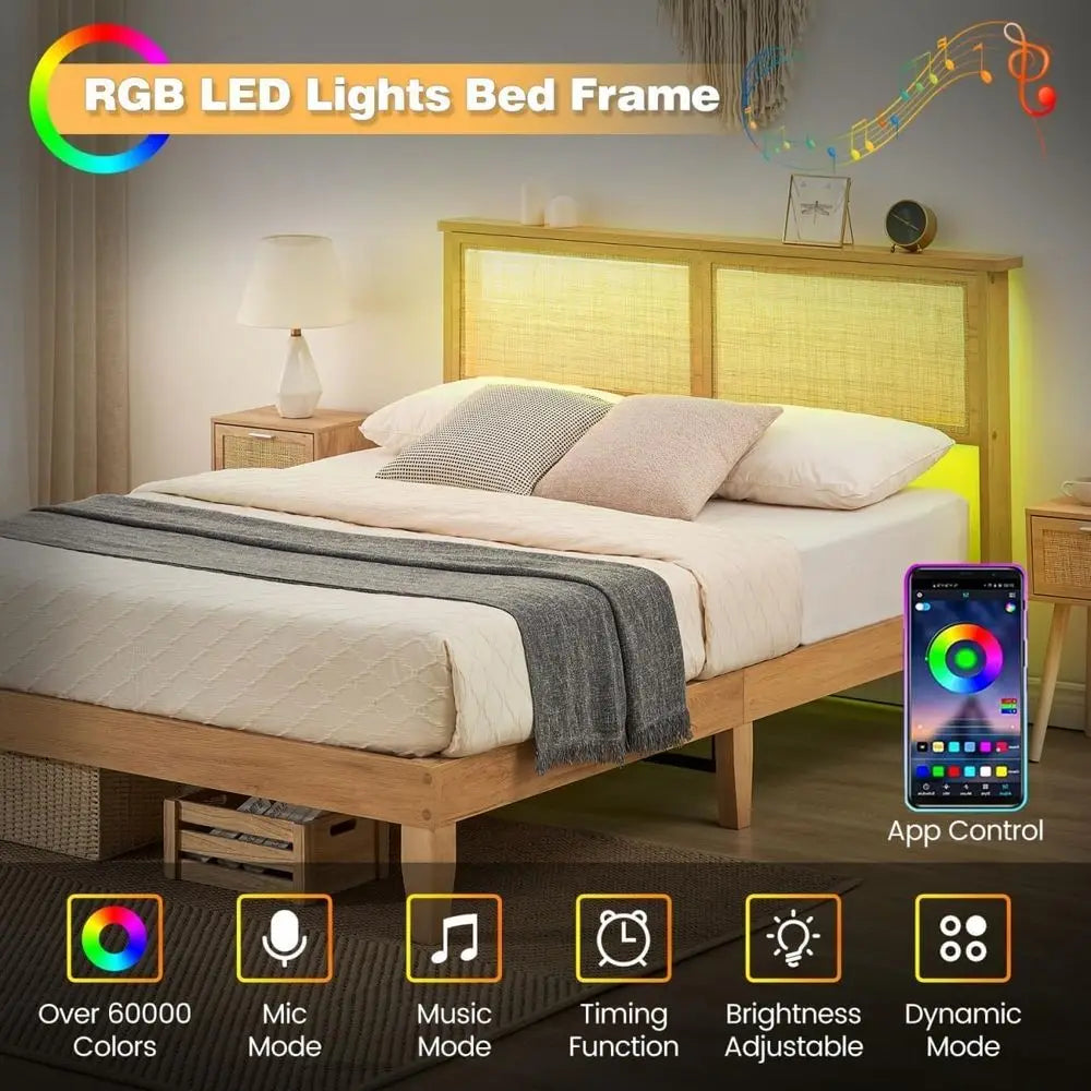 Queen Size Rattan Bed with LED Light, Natural Board, Boho Style, Storage Space, Sturdy Wooden Slats, No Box Spring Needed